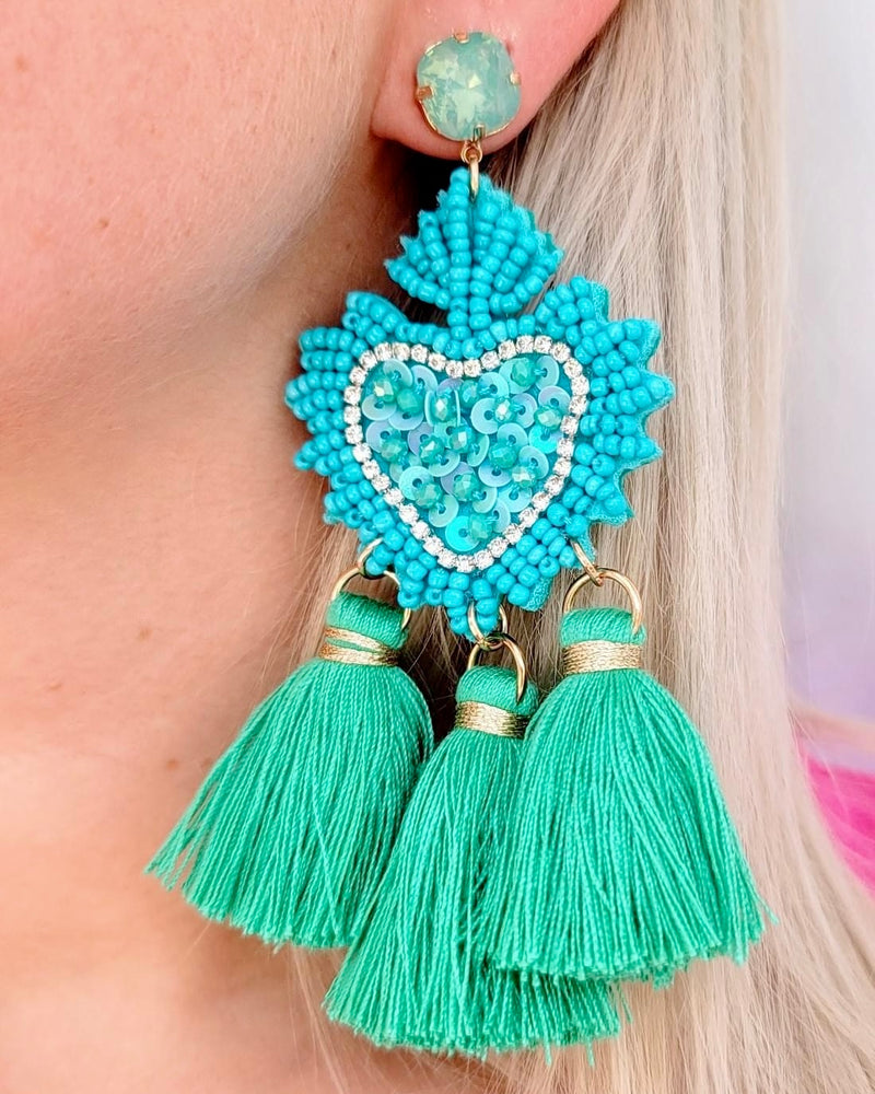 Turquoise Green or Pink Heart Beaded & Rhinestone Post Drop Tassel Earrings