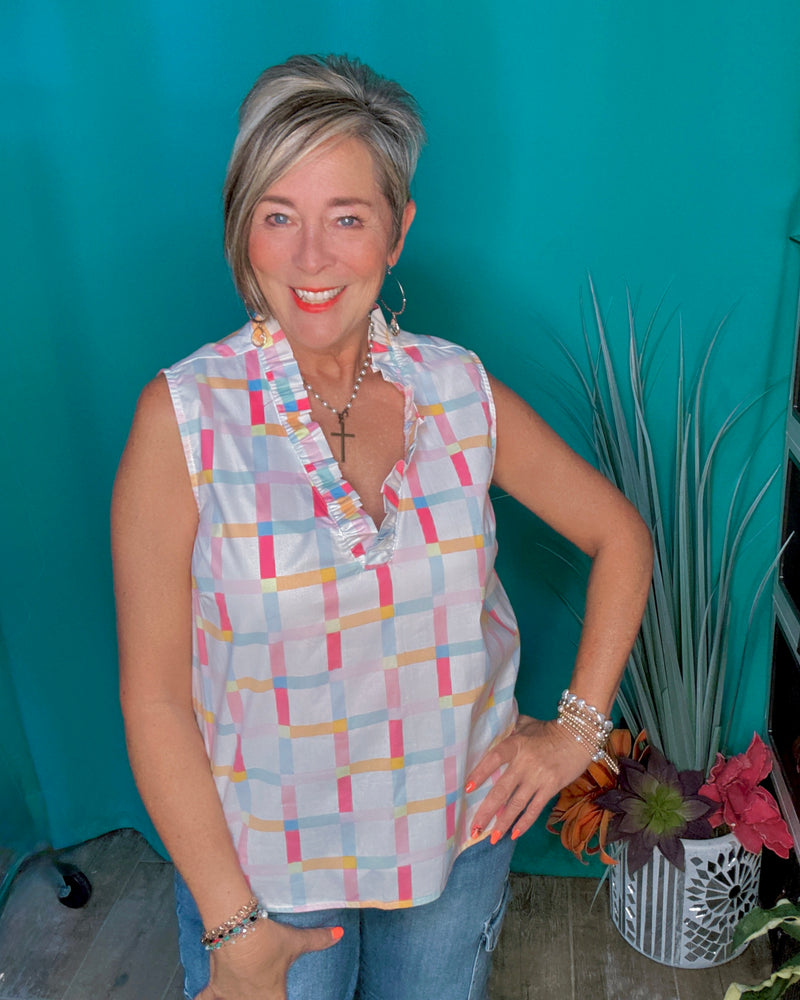 Pastel Plaid on White Ruffle Open VNeck Sleeveless Cotton Tank Top