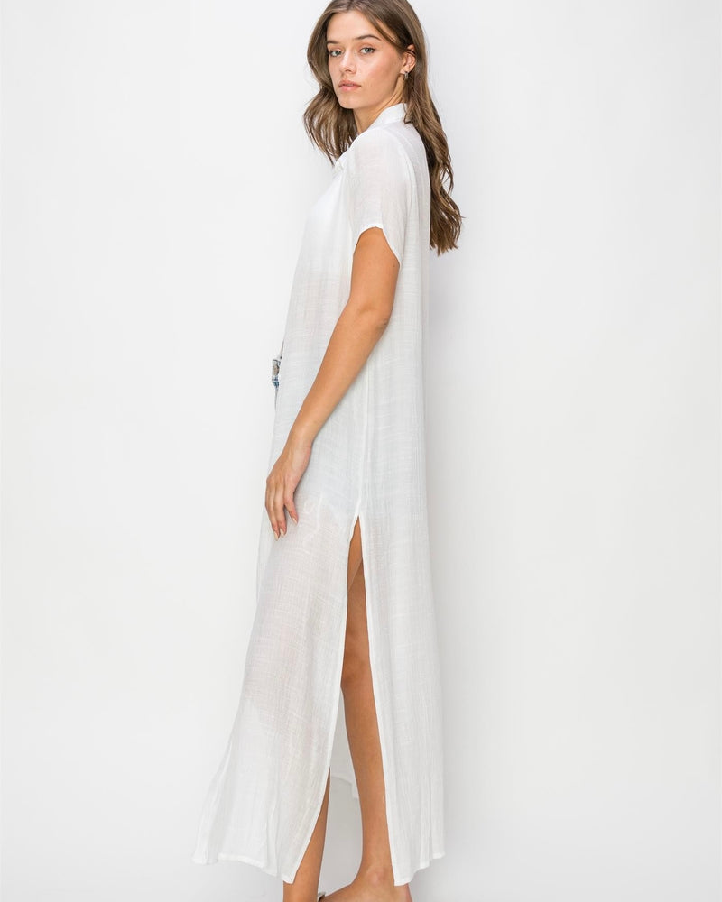 Solid White Long Button Down Cover Up Tunic Semi Sheer Dress