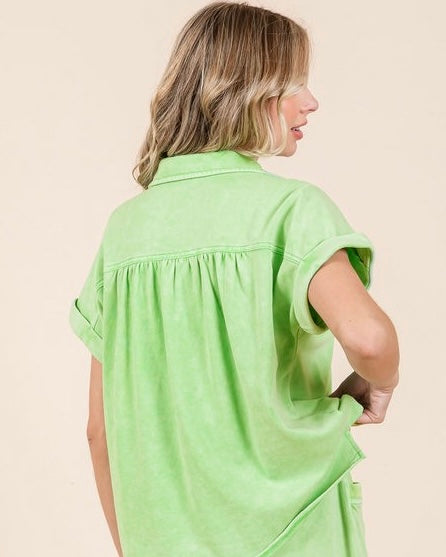 Solid Wash Green Open Collared Short Sleeve Top