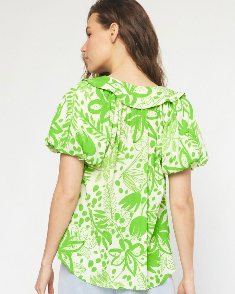 Spring Green & White Abstract Floral Puff Sleeve Top