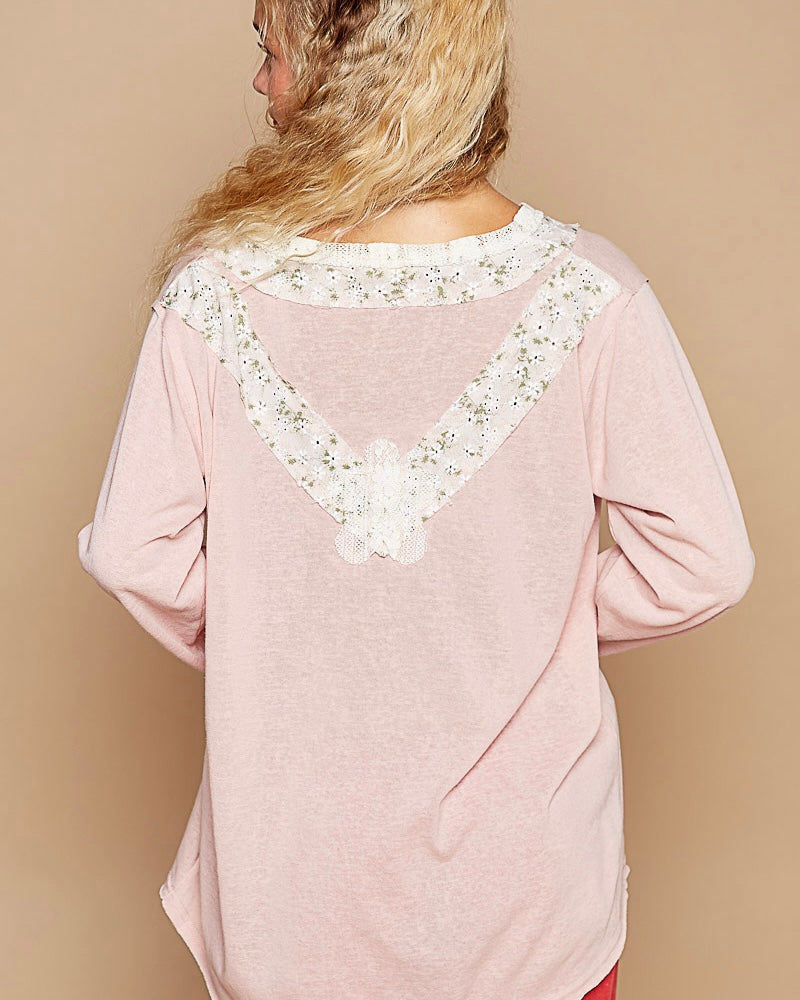 Light Pink Blush Boho Patch Long Sleeve Oversized VNeck Top