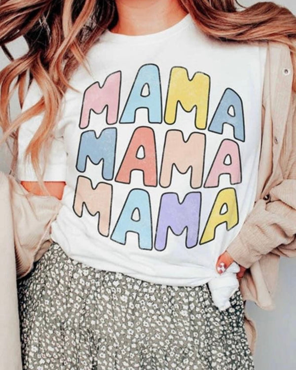 White Short Sleeve T-shirt Top with Pastel "MAMA"