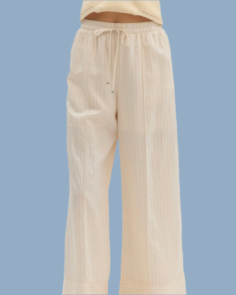 Ecru Cream Off White Striped High Waist Wide Leg Contrast Hem Pull on Pants