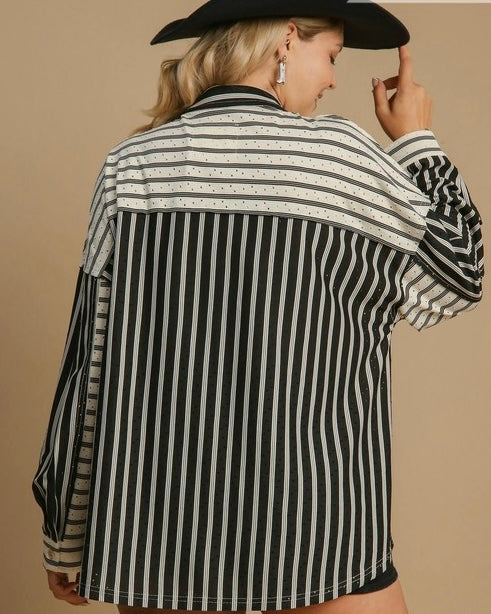 Black & White Contrasting Color Block Striped Long Sleeve Button Down Blouse