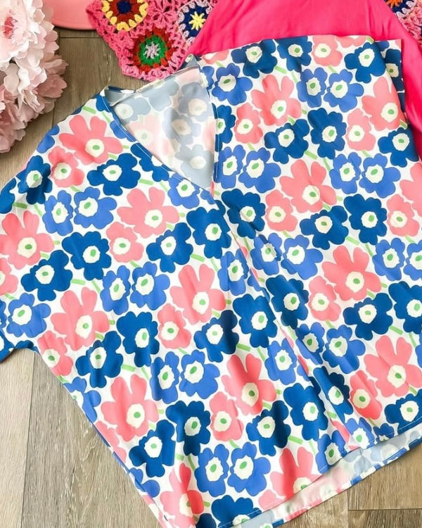 Blue & Pink Fun Flower Print Boxy Short Sleeve Blouse