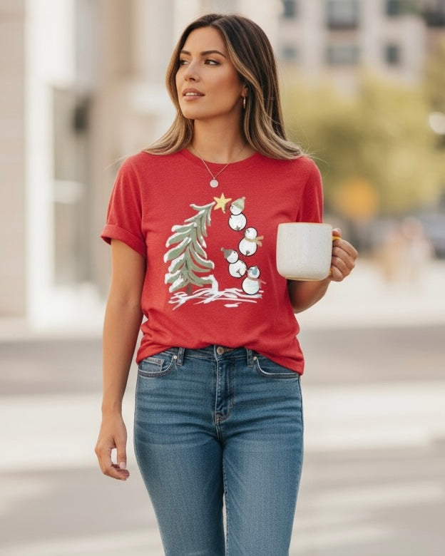 Red Christmas Tree & Snowmen Short Sleeve Tshirt Tee Top