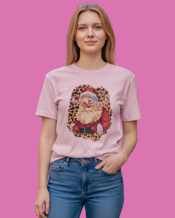 Pink Santa Claus Christmas Leopard Screen Printed Short Sleeve Tshirt Tee Top