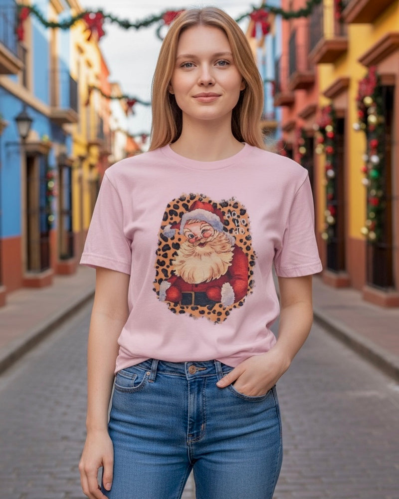 Pink Santa Claus Christmas Leopard Screen Printed Short Sleeve Tshirt Tee Top