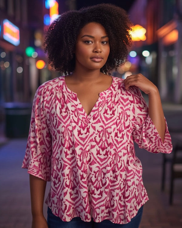 Pink & White Abstract Print Short Balloon Sleeve VNeck Top