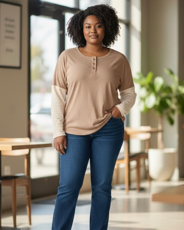 Plus Size Mocha Latte Brown Button Front 3/4 Contrast Sleeve Henley Style Top