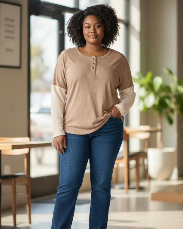 Plus Size Mocha Latte Brown Button Front 3/4 Contrast Sleeve Henley Style Top