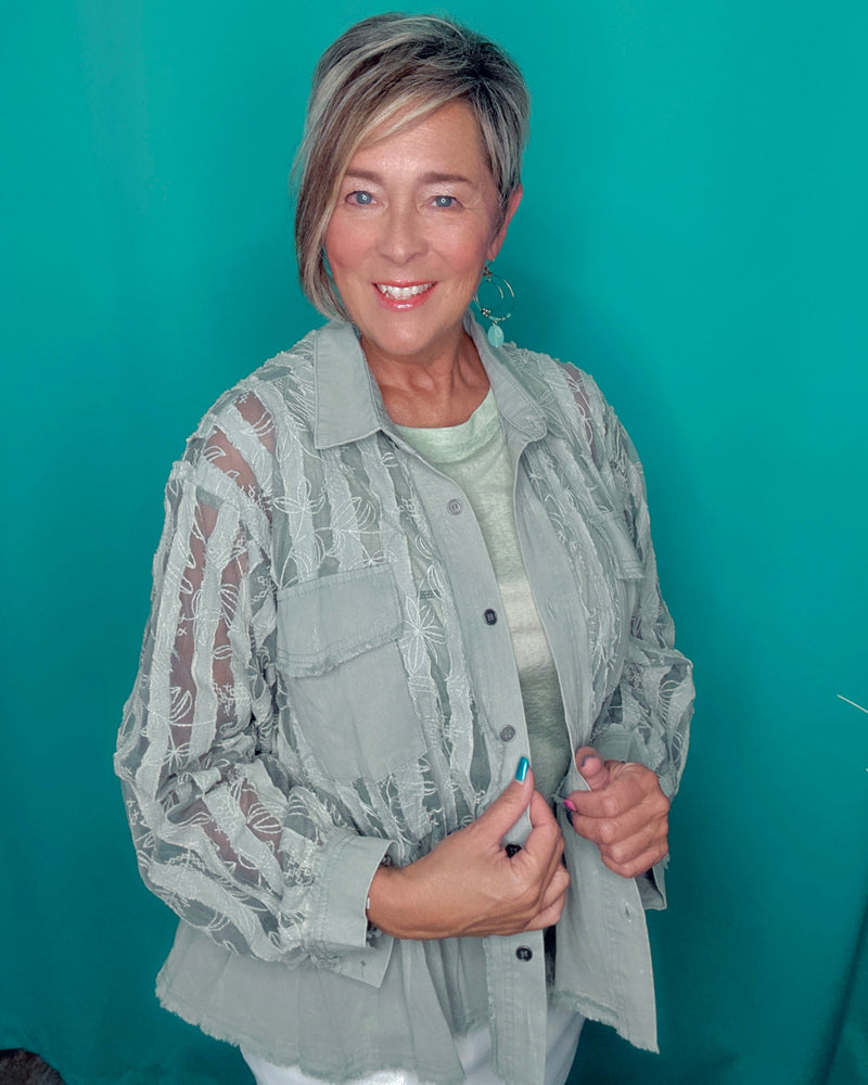 Boho Sage Green Light Denim & Lace Babydoll Cut Button Down Long Sleeve Jacket Top
