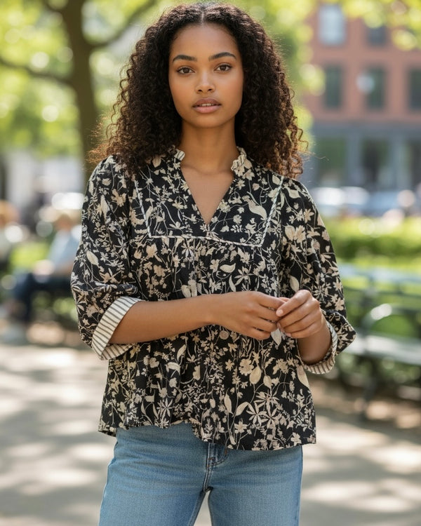 Black & Tan Short Puff Sleeve Contrast Stripe Top