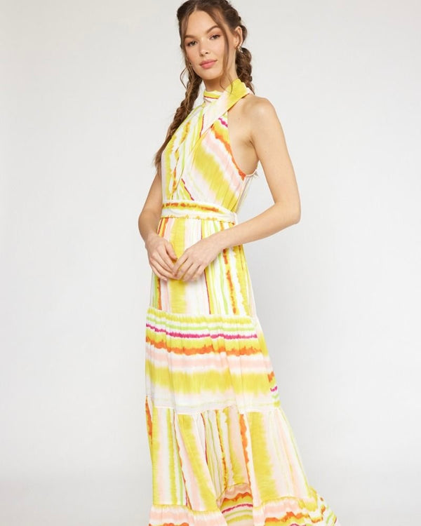 Yellow White Stripe with Red Halter Neck Maxi Sundress