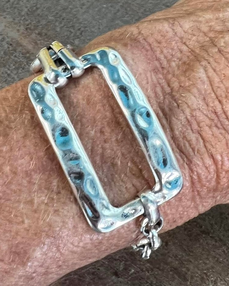 Silver Tone Hammered Rectangle Chain Link Bracelet