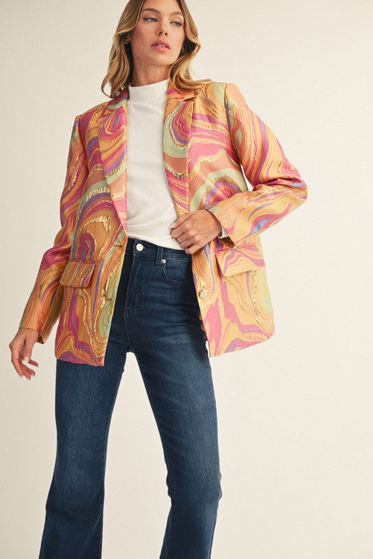 Multicolor Abstract Jacquard Long Sleeve Lined Blazer