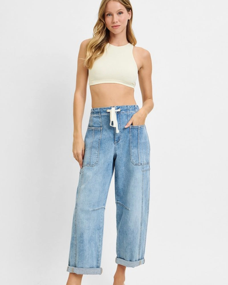 Risen High Rise Crop Wide Barrel Cargo Pocket Denim Jean Pants