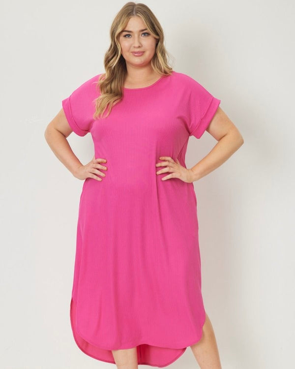 Plus Size Pink Side Split Short Sleeve Pocket Maxi Dress