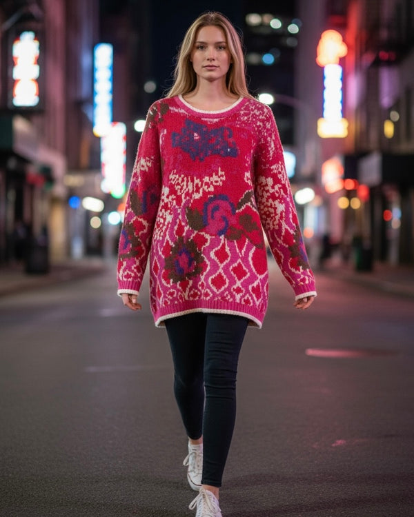 Pink & Red Multicolor Floral Pattern Sweater Tunic Top