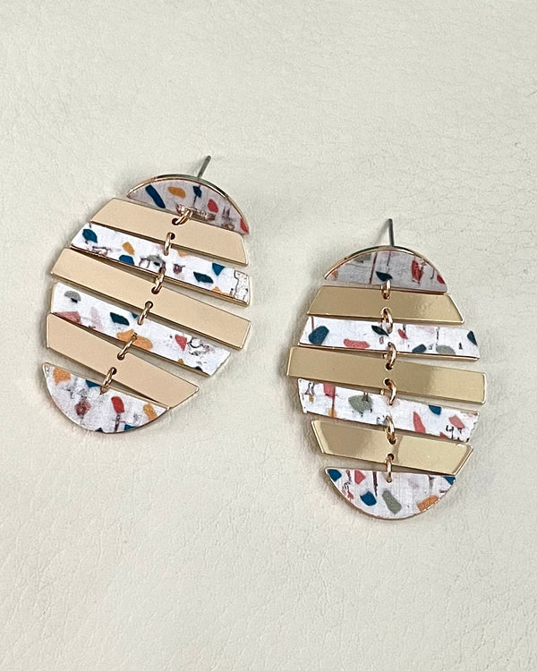 Oval Egg Shape Drop Gold Confetti Earring