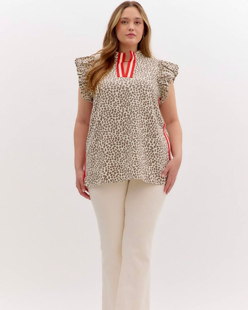 Brown Leopard Red Stripe Trim Open VNeck Short Sleeve