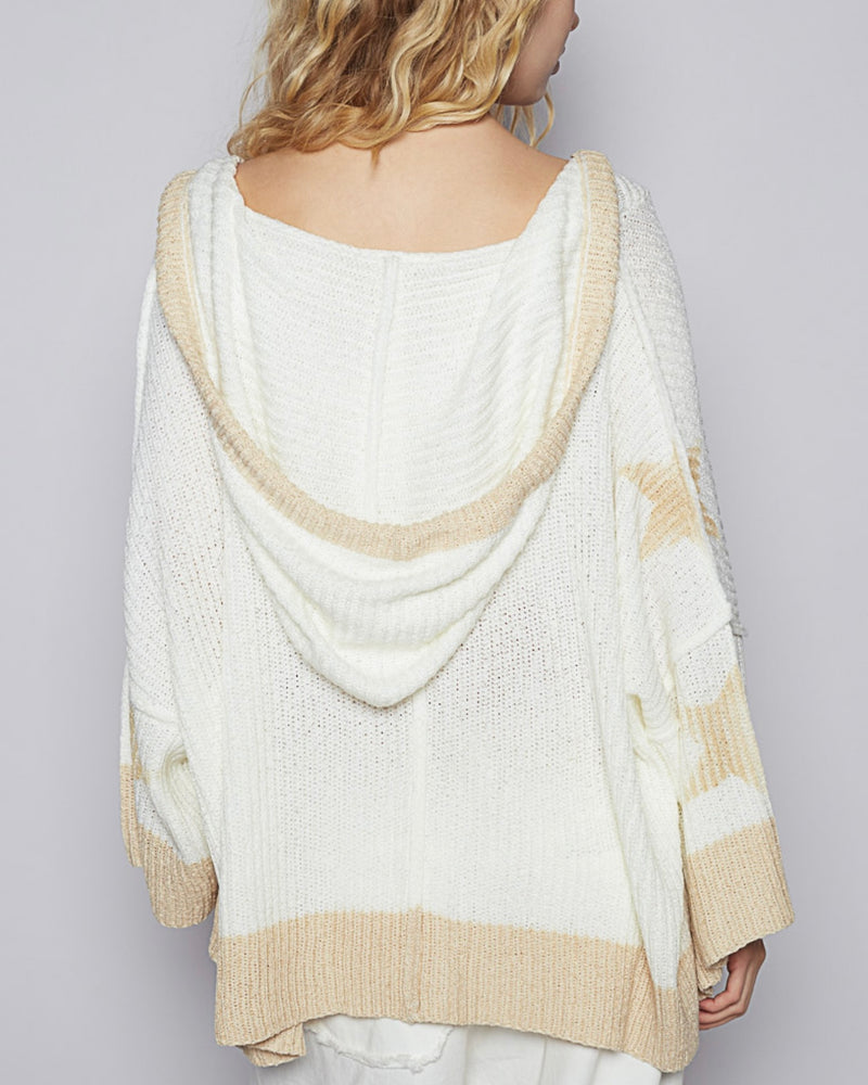 White & Khaki Star Open Front Long Sleeve Light Sweater Knit Hoodie Cardigan