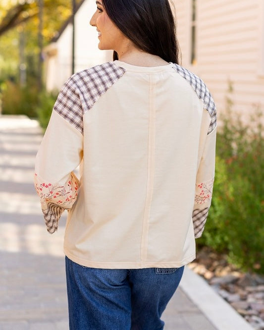 Boho Cream Peace Heart Patch Plaid Floral Pullover Sweatshirt