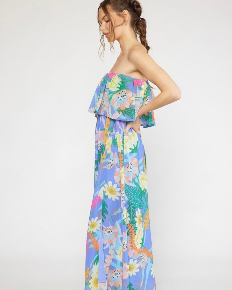 Purple Multicolor Floral Strapless Side Split Maxi Dress