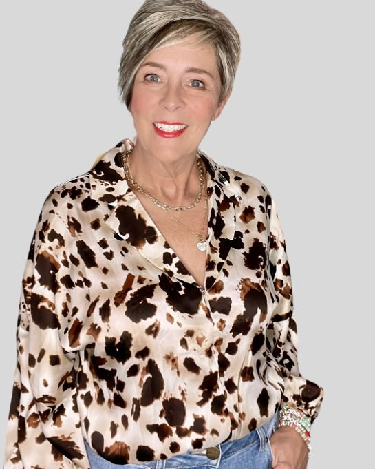 Brown Tone Leopard Animal Print V-Neck Collared Bodysuit
