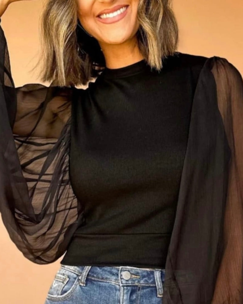 Black Stretchy Top with Long Billowy Mesh Sheer Puff Sleeves