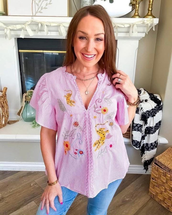 Pink White Stripe Embroidery Cut Open VNeck Short Sleeve Top