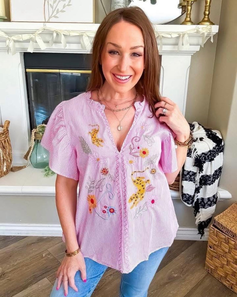 Pink White Stripe Embroidery Cut Open VNeck Short Sleeve Top