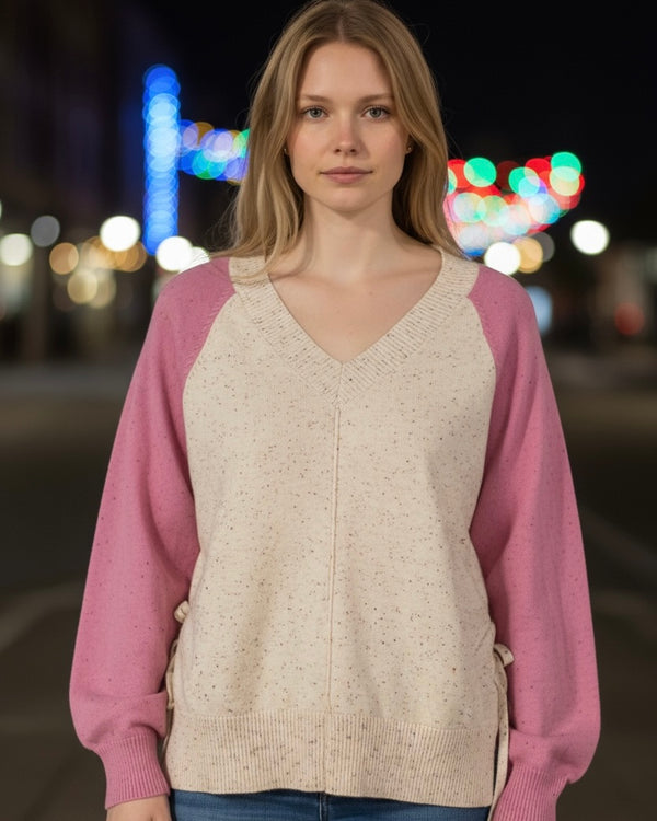 Pink & Cream Confetti Print VNeck Long Sleeve Side Tie Sweater Top