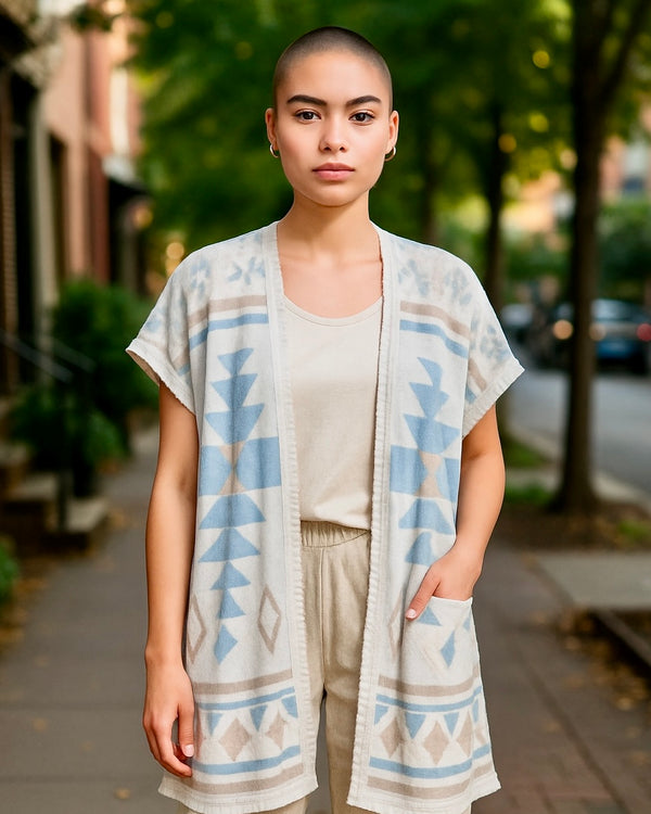 White w/Blue & Tan Lightweight Southwest Aztec Print Open Front Short Sleeve Cardigan