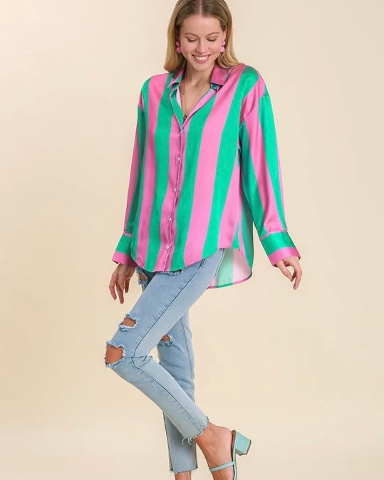 Plus Size Green & Pink or Blue & White Bold Striped Satin Long Sleeve Top