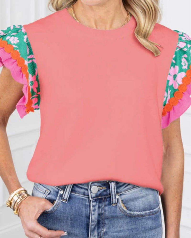 Peach Apricot Contrast Ricrac Floral Sleeve T-shirt Top