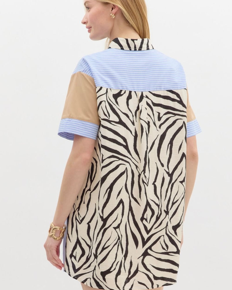 Blue White Stripe Contrasting Zebra Pocket Shirt Button Down Short Sleeve Dress