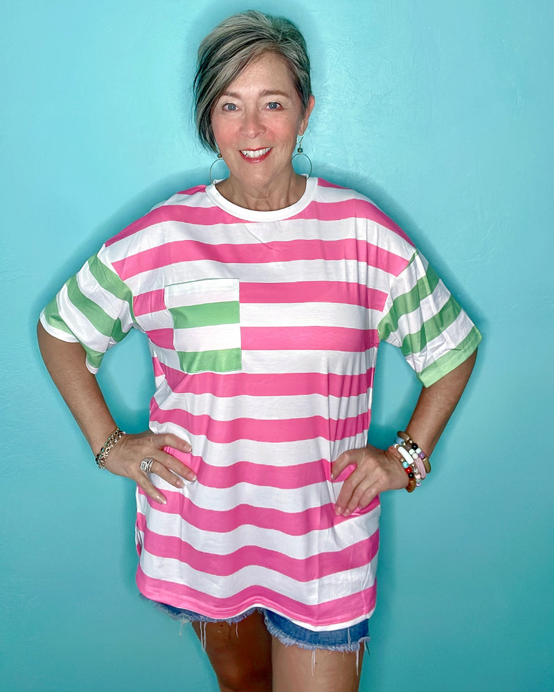 Playful Bold Pink & White Stripe T-shirt Top with Contrasting Green Chest Pocket