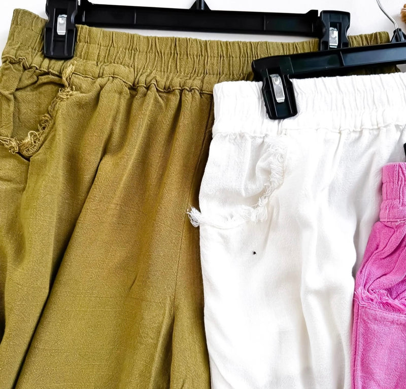 Lilac Pink, Olive Green or White Cotton & Linen Blend Frayed Edge Detail Wide Leg Pocket Pants