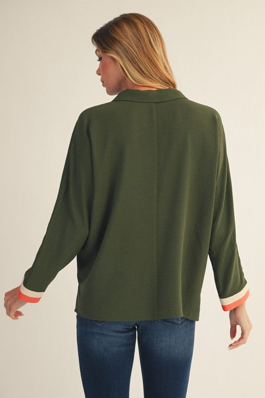 Solid Olive Green Color Stripe Contrast Band Long Sleeve VNeck Top