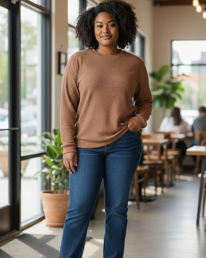 Brown Waffle Knit Drop Shoulder Long Sleeve Top