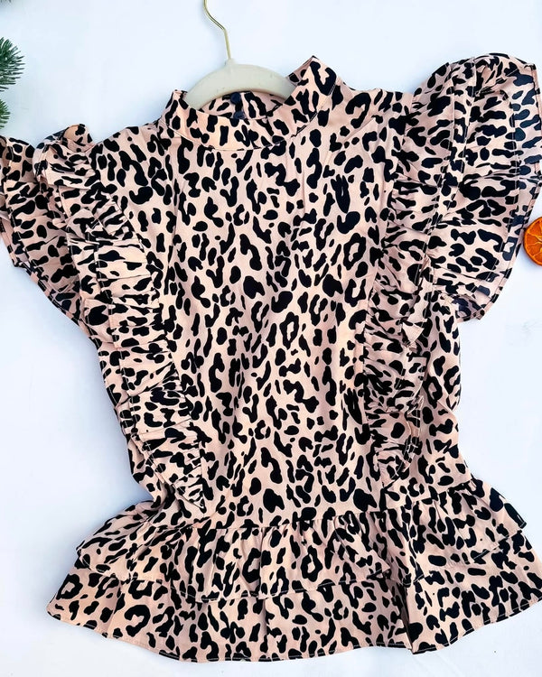 Cream & Black Leopard Mock Neck Ruffle Cap Sleeve Peplum Blouse Top