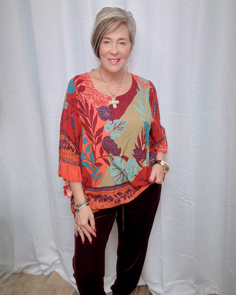 Burgandy Rust Teal Mix Border Print Wide Ruffle 3/4 Sleeve Top