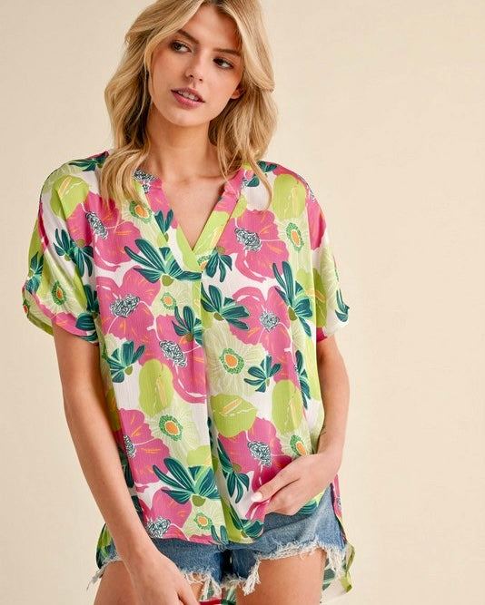 Bright White, Pink & Green Tropical Floral Short Cap Sleeve Top