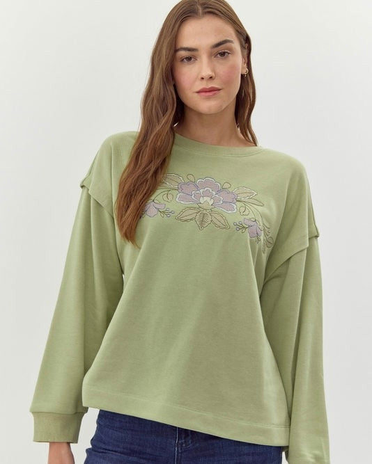 Green or Pink Flower Stitched Floral Long Sleeve Sweatshirt