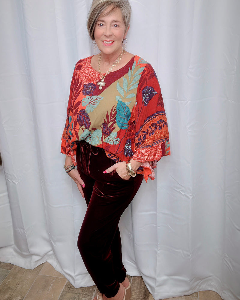 Burgandy Rust Teal Mix Border Print Wide Ruffle 3/4 Sleeve Top