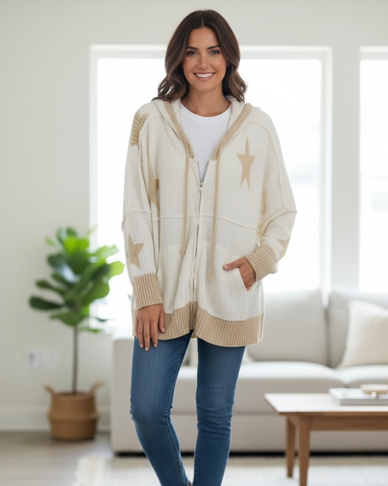 White & Khaki Star Open Front Long Sleeve Light Sweater Knit Hoodie Cardigan