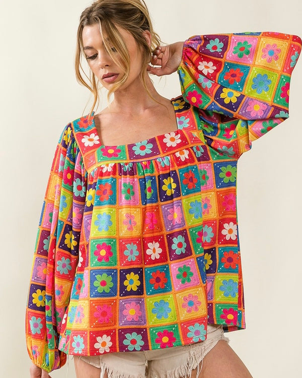 Retro 60’s Bright Multicolor Checkered Flower Long Sleeve Top