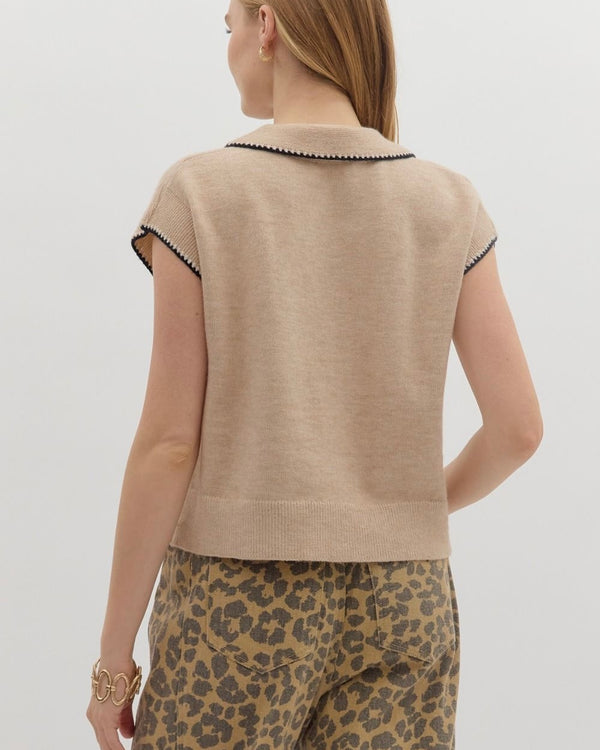 Solid Oatmeal Tan Khaki Knit Sweater Button Closure Sleeveless Top